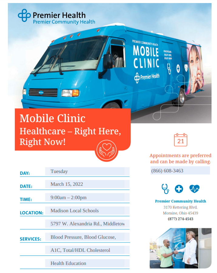 Mobile health clinic flyer with all information in text above